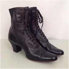 Antique Early 1900s Black Leather Lace Up Edwardian Ankle Boots 5.5 Narrow