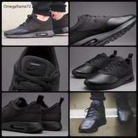 Sz 9 Nike Air Max Tavas Running Shoes Triple Black Leather 802611-002 Special