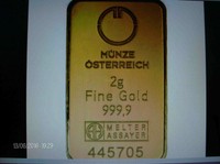 Gold Barren 2 g, Münze Österreich, fein Gold 999,9, Feigewicht 2g, Symbolfoto