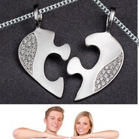 2 Partner Anhänger Freundschaft Puzzle Herz Hälften mit 2 Ketten Echt Silber 925