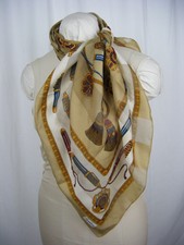 "Symphony"Vtg Beige Sheer Stripes Pen Printed Italian Large Scarf- 34" x 34"