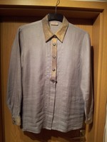 Damen Trachtenbluse Gr. 42, grau-blau aus Leinen/Viskose mit Ledereinsätze