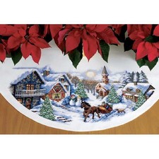 DIMENSIONS CHRISTMAS CROSS STITCH TREE SKIRT KIT SLEIGH RIDE VILLAGE HORSE OPEN