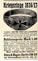 Kriegs-Ringe 1914/17 Nr.1040 Reklamepreis Mark 1.80 Annonce von 1917