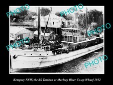 OLD LARGE HISTORICAL PHOTO OF KEMPSEY NSW, SS TAMBAN AT MACLEAY RIVER WHARF 1912