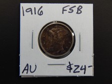 1916 Almost Uncirculated Fsb Mercury Dime - 90% Silver - Toning