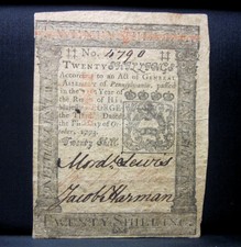 Colonial Currency ✪ Pennsylvania October 1St 1773 ✪ Fr Pa-169 20S Xf ◢Edelmans◣