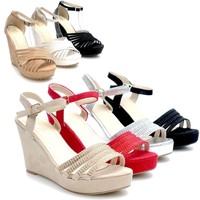 2016 Damen Sandalen Strass Pumps Keilabsatz Slingback Gr.36 37 38 39 40 41 N891