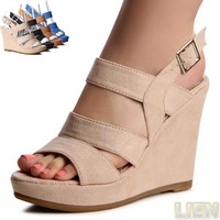 Damen Plateau Keil Sandaletten Sandalen Keilabsatz Pumps Wedges Riemchen