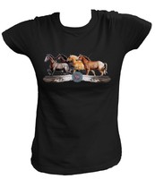 Damen T-Shirt Pferde Pferd 4 Horses Horse Federn Spirit Pony Indianer USA 10664