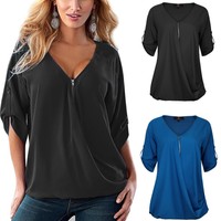 Damen Chiffon Bluse Shirts Top Oberteile Sommer Kurzarm T-Shirt V-Ausschnitt