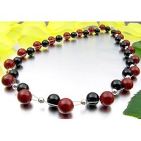 Kette Collier aus Koralle Schaumkoralle & Onyx rot-braun schwarz Halskette Damen