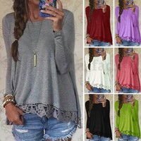 S-5XL Oversize Damen Spitze Crochet Asymmetrisch T-Shirt Casual Lose Tunika Tops