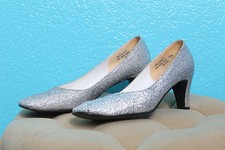 Miss Bally Vintage Silver Sparkle Glitter Pinup Shoes Kitten Heels Size 7 1/2