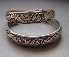 Handwork Miao Silver Carve Dragon phoenix Lucky Adjust Bracelet