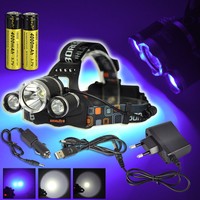 Boruit 6000LM 3x XML T6+2R5 UV LED Stirnlampe Kopflampe 2X18650 USB EU Ladegerät