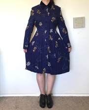 Vintage 90s Blue Floral Print ribbed Velour Collar Petite midi Dress
