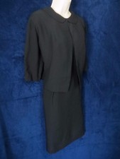50's Vintage Couture Black Crepe Sheath Dress Pin Up Bolero Jacket Suit Set L