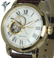 New SEIKO CLASSIC GOLD TONE AUTO WHITE SKELETON FACE LEATHER STRAP SSA232K1