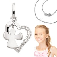 Kinder Zirkonia Herz mit beweglichem Schutz Engel Anhänger mit Kette Silber 925 