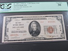 1929 $20 Ty.2,Pcgs-30, National Currency,1st Nat.Bank of Delaware Ohio, Rare