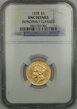 1878 $3 Dollar Gold Coin Ngc Unc Details Improperly Cleaned (Choice)