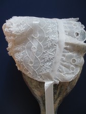 Vintage 1950s Girl Childs Bonnet Hat Embroidered Organdy Lace and Ribbon