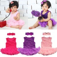 2PCS Baby Infant Clothes Headband+Romper Girl Outfits Tutus Newborn Dress rose