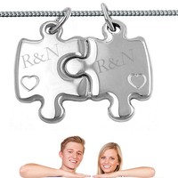 2 Partner Gravur Anhänger Puzzle Teile mit Gravur und 2 Ketten Echt Silber 925