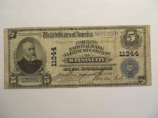 1902 $5 National Currency, Kansas City, Large size note, circulated