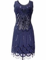 Blue Vintage 1920s Flapper Gatsby Downton Abbey Fringe Beaded Dress Size 8-24