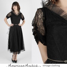 Vintage 50s Sheer Black Dress Pinup Floral Lace Tulle Tiered Cocktail Party Maxi