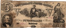 1861 $5.00 Confederate States of America "Sailor & Cotton Bales" T37-284 Vg/F-