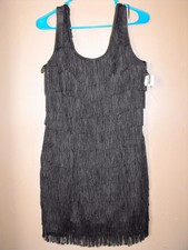 Vtg 60s Black Fringes Flapper Style Dress Gatsby Size S M