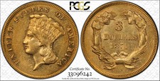 1874 $3 Indian Princess Head Gold Coin Certified Pcgs Secure Au 55