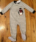 NWT Boys CARTERS Grey Soft Fleece Stripe Penguin Footed Pajamas Size 2T