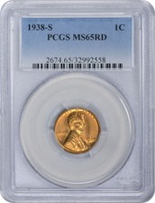 1938-S Lincoln Cent Ms65Rd Pcgs 65 Red Mint State