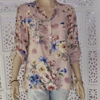  Fischer Look Tunika Hemd Bluse im SHABBY CHIC mit Blumenprint  ROSA 38 / 40 NEU