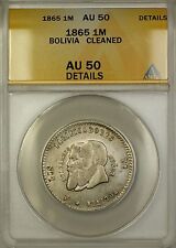 1865 Bolivia Small Beard Silver 1/2 Melgarejo Coin Anacs Au-50 Details Cleaned