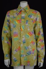 Authentic Vintage Kings Field Poly Gold+Multicolored Long Slv Top Women Medium*