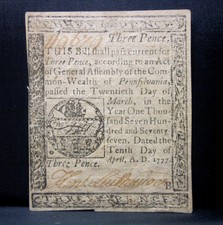 Colonial Currency ✪ Pennsylvania April 10Th 1777 ✪ Fr Pa-209 3D Au G ◢Edelmans◣