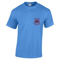West Ham Irons hammers sky blue t shirt Bolyen Ground 1904-2016 COYI Bobby Moore