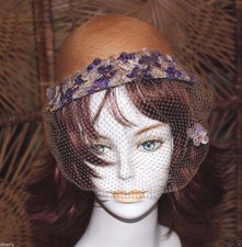 Vtg 30's De Loge Fine Panama Straw Summer Hat Purple Flowers Nice Veil Skull Cap
