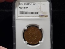 New listing
1913 Sweden 5 Ore Coin Ngc Ms63 Bn - Nice Rare Coin!