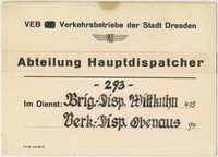 Pappschild des VEB VERKEHRSBETRIEBE Dresden Abtg. Hauptdispatcher 1972  ( 3663