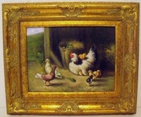 Huhn mit Küken und Tauben auf dem Bauernhof  - GRÖSSE 60 x 50 cm -