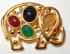 Vintage Signed W Semi Precious Scarab Stones Figural Elephant Pin Brooch