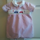 Red and White Seersucker Romper with Smocked Cars (24m) Excellent Condition