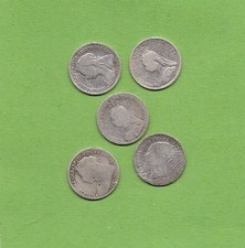 5 Queen Victoria .925 Real Silver Threepence 1878/89/90/97/1900 Used Look