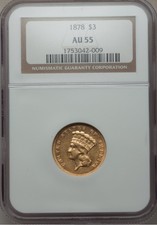 1878 Pcgs Au55 $3 Princess Head Three Dollar